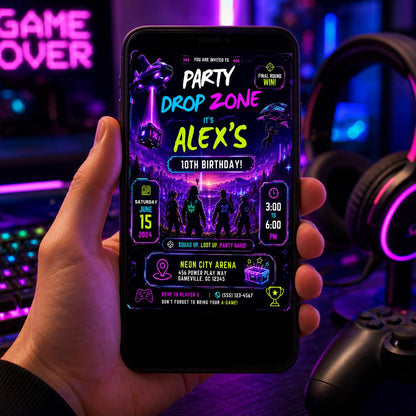 Editable Neon Glow Birthday Invitation Canva Template, Boys Teens Neon Cute Fun DIY Chic Kids Teen Party Invite, Printable Digital Download.