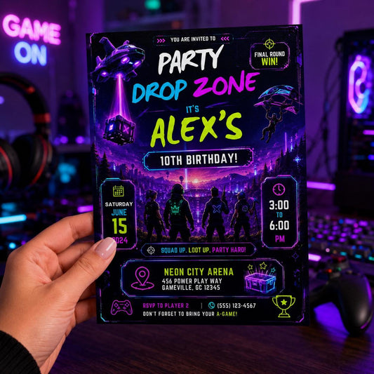 Editable Neon Glow Birthday Invitation Canva Template, Boys Teens Neon Cute Fun DIY Chic Kids Teen Party Invite, Printable Digital Download.