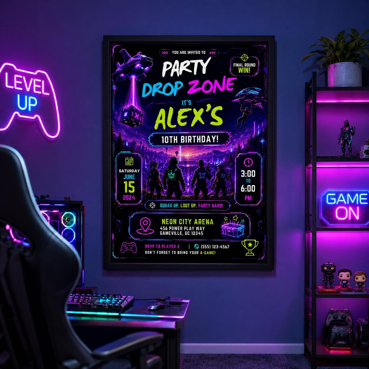 Editable Neon Glow Birthday Invitation Canva Template, Boys Teens Neon Cute Fun DIY Chic Kids Teen Party Invite, Printable Digital Download.