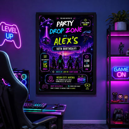 Editable Neon Glow Birthday Invitation Canva Template, Boys Teens Neon Cute Fun DIY Chic Kids Teen Party Invite, Printable Digital Download.