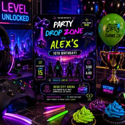 Editable Neon Glow Birthday Invitation Canva Template, Boys Teens Neon Cute Fun DIY Chic Kids Teen Party Invite, Printable Digital Download.