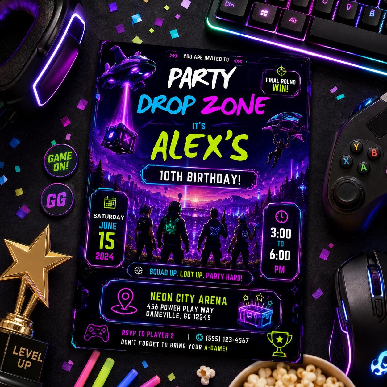 Editable Neon Glow Birthday Invitation Canva Template, Boys Teens Neon Cute Fun DIY Chic Kids Teen Party Invite, Printable Digital Download.