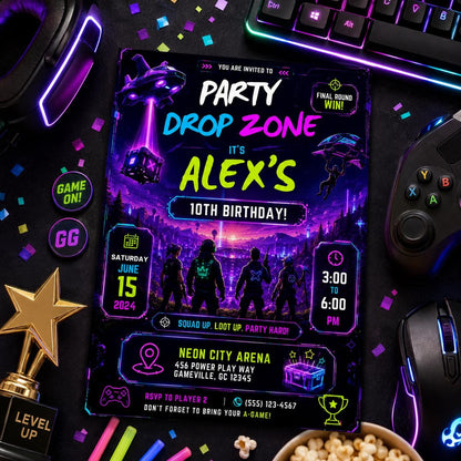 Editable Neon Glow Birthday Invitation Canva Template, Boys Teens Neon Cute Fun DIY Chic Kids Teen Party Invite, Printable Digital Download.