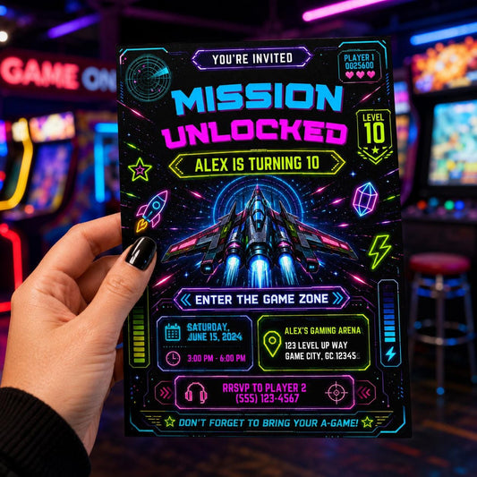Editable Neon Glow Birthday Invitation Canva Template, Boys Teens Neon Cute Fun DIY Chic Kids Teen Party Invite, Printable Digital Download.