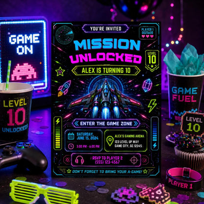 Editable Neon Glow Birthday Invitation Canva Template, Boys Teens Neon Cute Fun DIY Chic Kids Teen Party Invite, Printable Digital Download.
