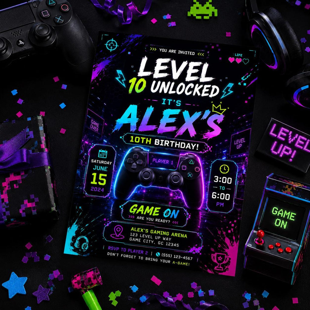 Editable Neon Glow Birthday Invitation Canva Template, Boys Teens Neon Cute Fun DIY Chic Kids Teen Party Invite, Printable Digital Download.