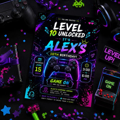 Editable Neon Glow Birthday Invitation Canva Template, Boys Teens Neon Cute Fun DIY Chic Kids Teen Party Invite, Printable Digital Download.