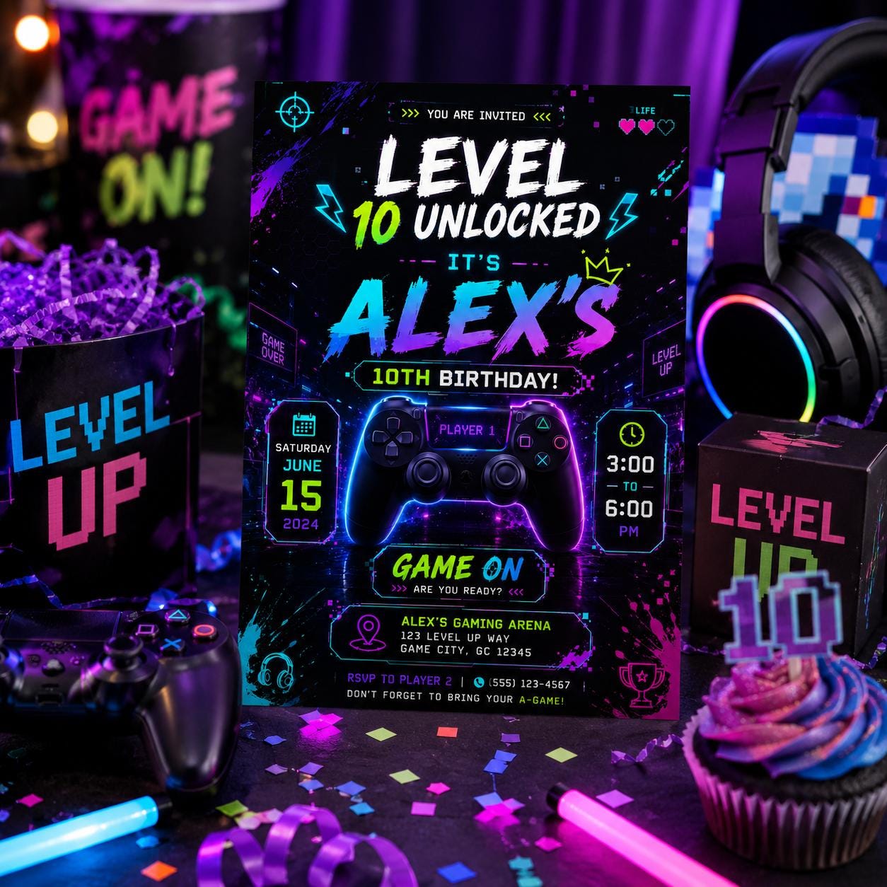 Editable Neon Glow Birthday Invitation Canva Template, Boys Teens Neon Cute Fun DIY Chic Kids Teen Party Invite, Printable Digital Download.