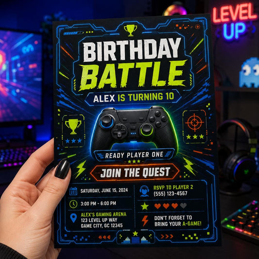 Editable Neon Glow Birthday Invitation Canva Template, Boys Teens Neon Cute Fun DIY Chic Kids Teen Party Invite, Printable Digital Download.