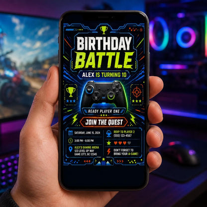 Editable Neon Glow Birthday Invitation Canva Template, Boys Teens Neon Cute Fun DIY Chic Kids Teen Party Invite, Printable Digital Download.