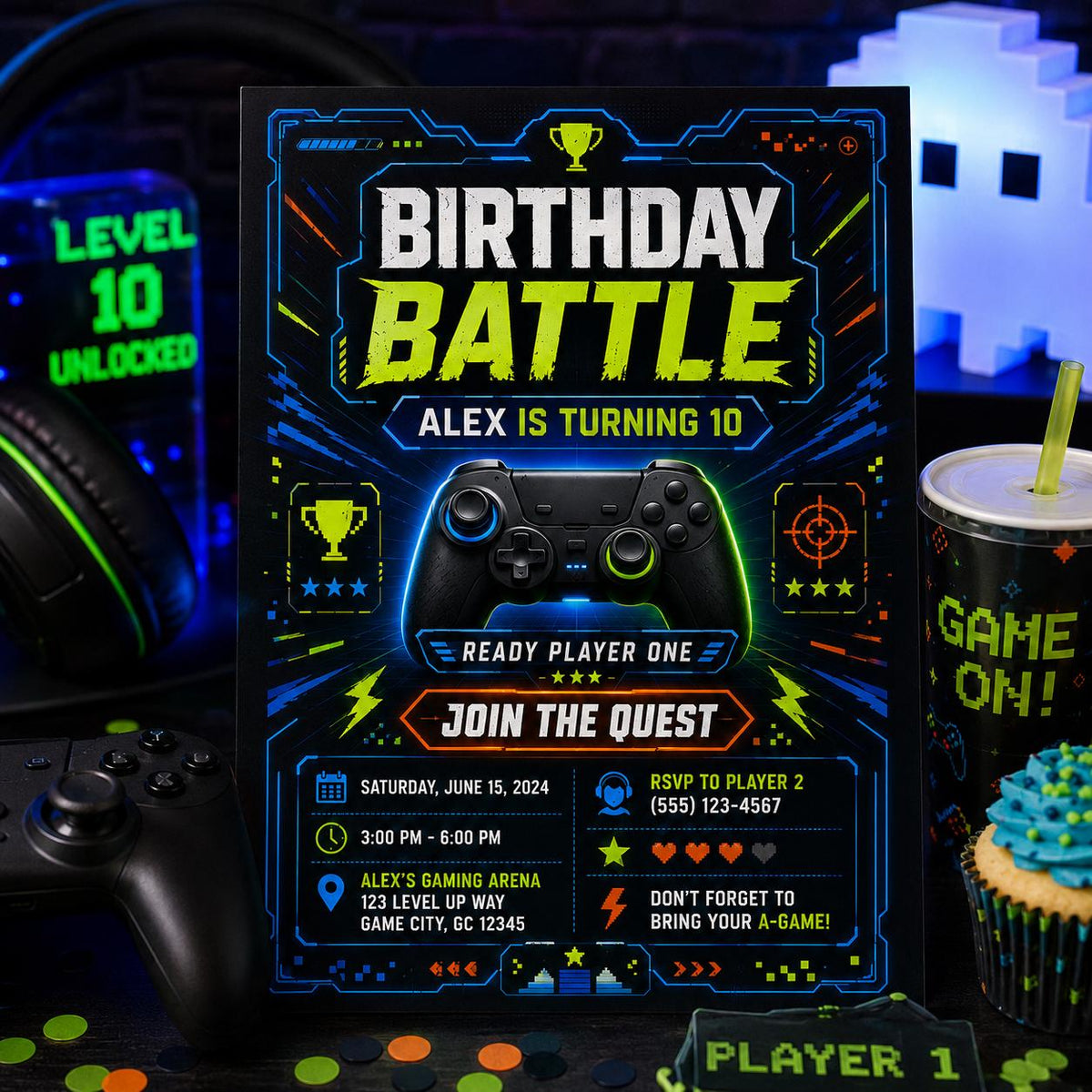 Editable Neon Glow Birthday Invitation Canva Template, Boys Teens Neon Cute Fun DIY Chic Kids Teen Party Invite, Printable Digital Download.