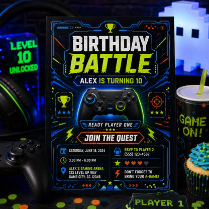 Editable Neon Glow Birthday Invitation Canva Template, Boys Teens Neon Cute Fun DIY Chic Kids Teen Party Invite, Printable Digital Download.