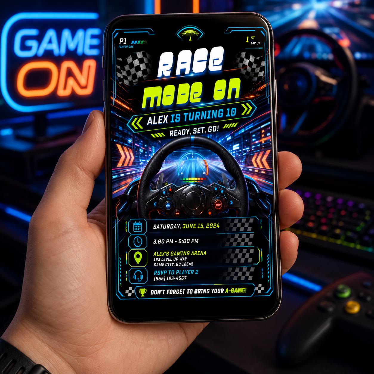 Editable Neon Glow Birthday Invitation Canva Template, Boys Teens Neon Cute Fun DIY Chic Kids Teen Party Invite, Printable Digital Download.