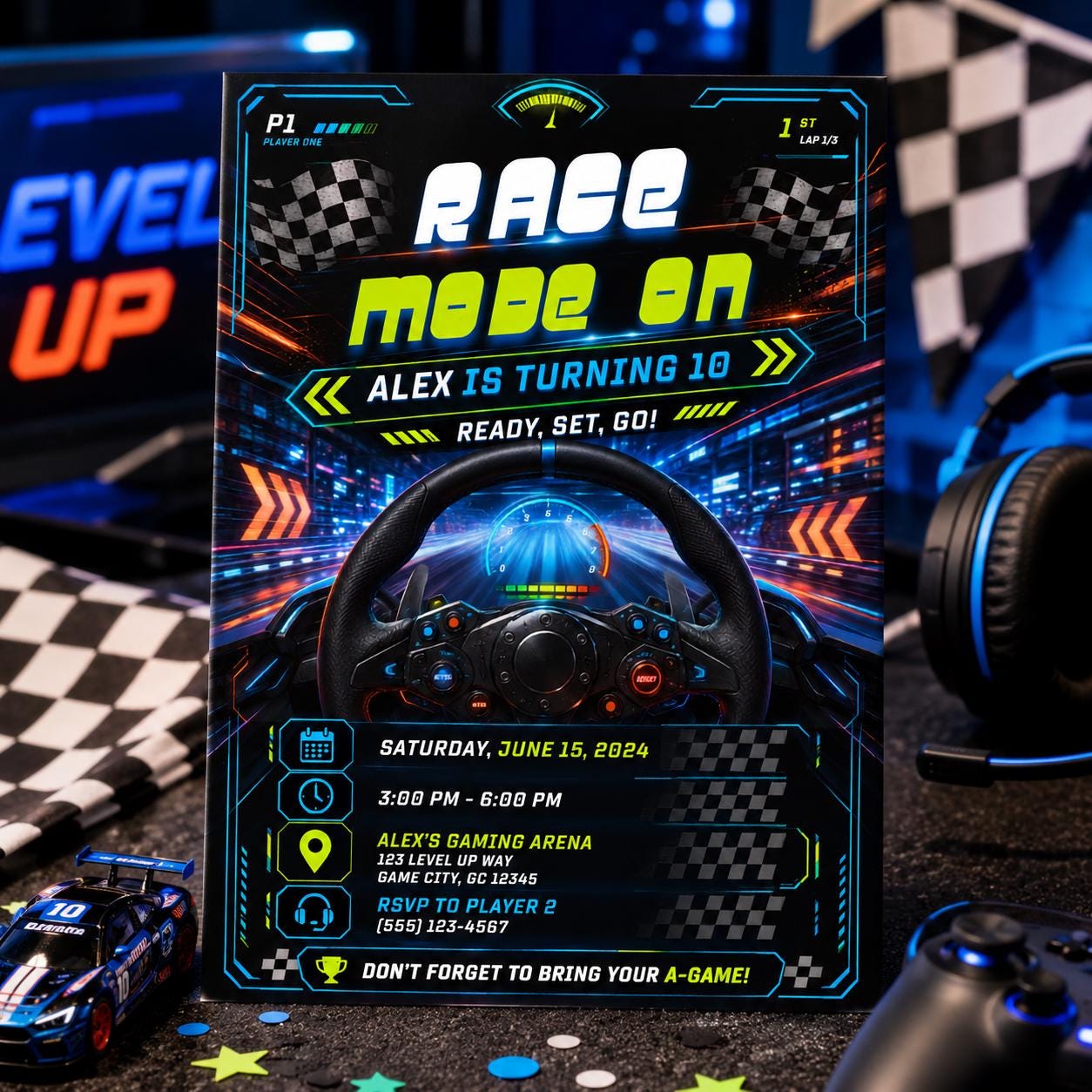 Editable Neon Glow Birthday Invitation Canva Template, Boys Teens Neon Cute Fun DIY Chic Kids Teen Party Invite, Printable Digital Download.
