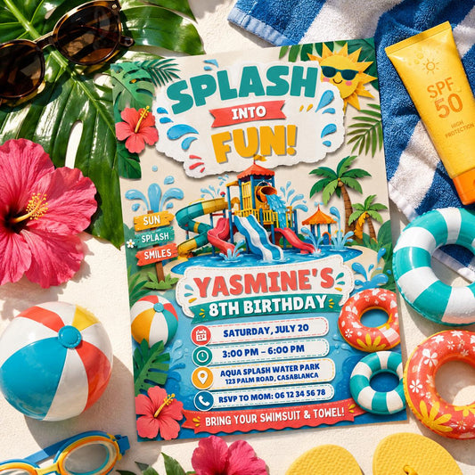 Editable Pool Birthday Invitation Canva Template, Boys Summer Cute Modern Fun Themed DIY Chic Kids Party Invite, Printable Digital Download.