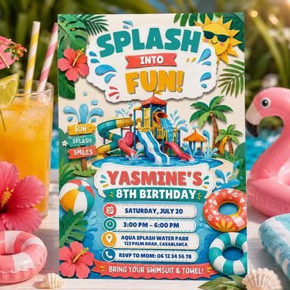 Editable Pool Birthday Invitation Canva Template, Boys Summer Cute Modern Fun Themed DIY Chic Kids Party Invite, Printable Digital Download.