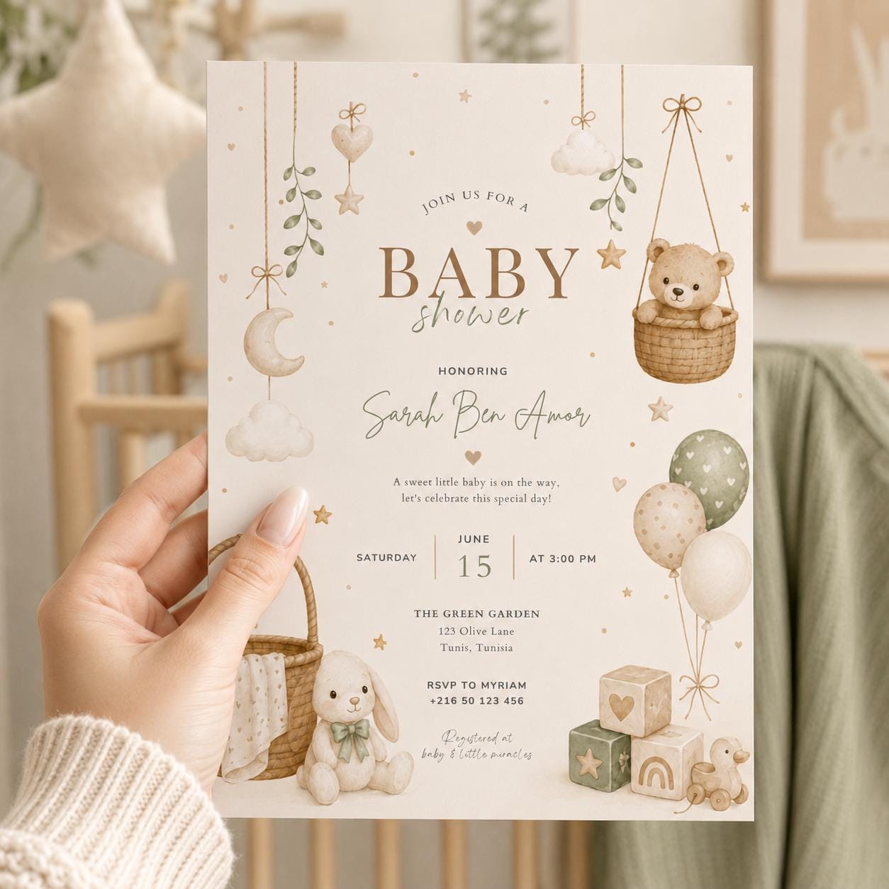 Editable Honey Bear Baby Shower Invitation Canva Template, Green Beige Boho Kids Bear Cute Fun DIY Party Invite, Printable Digital Download.
