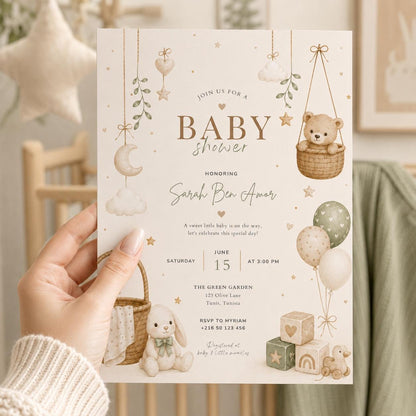 Editable Honey Bear Baby Shower Invitation Canva Template, Green Beige Boho Kids Bear Cute Fun DIY Party Invite, Printable Digital Download.
