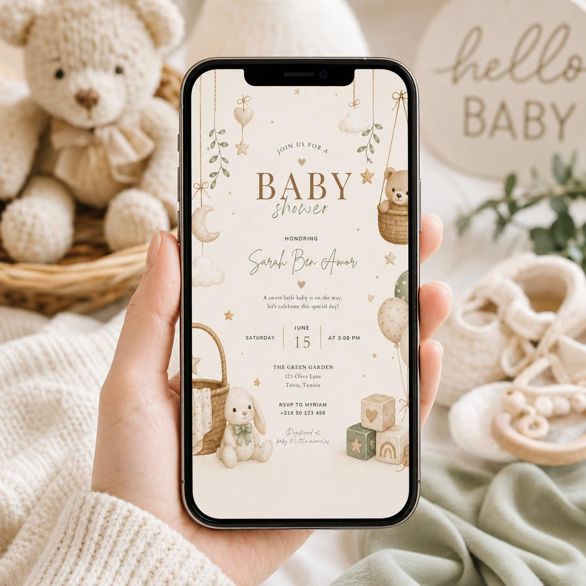 Editable Honey Bear Baby Shower Invitation Canva Template, Green Beige Boho Kids Bear Cute Fun DIY Party Invite, Printable Digital Download.