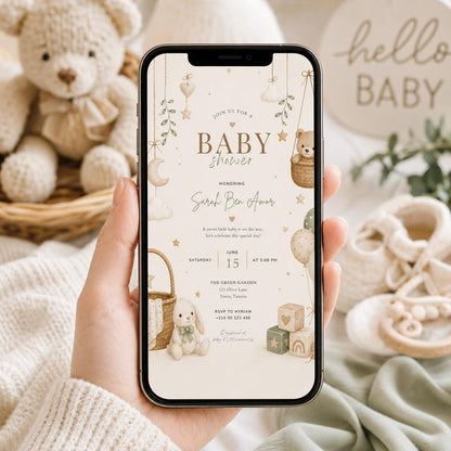 Editable Honey Bear Baby Shower Invitation Canva Template, Green Beige Boho Kids Bear Cute Fun DIY Party Invite, Printable Digital Download.