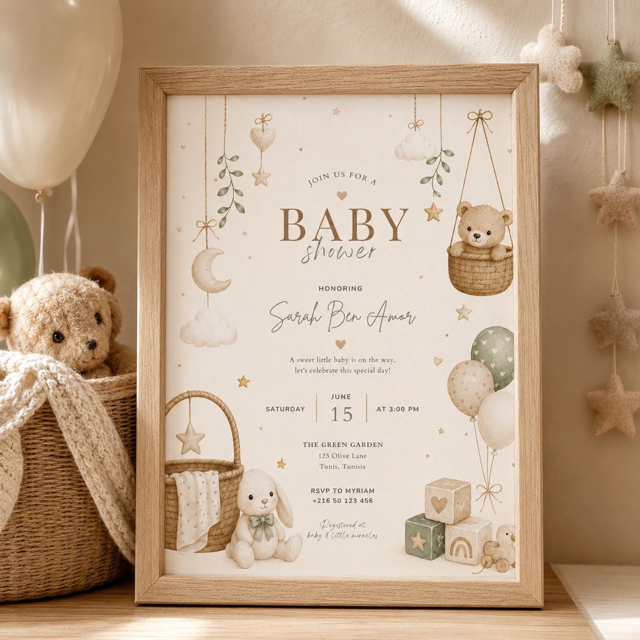 Editable Honey Bear Baby Shower Invitation Canva Template, Green Beige Boho Kids Bear Cute Fun DIY Party Invite, Printable Digital Download.