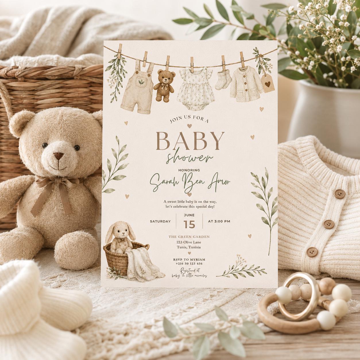 Editable Honey Bear Baby Shower Invitation Canva Template, Green Beige Boho Kids Bear Cute Fun DIY Party Invite, Printable Digital Download.