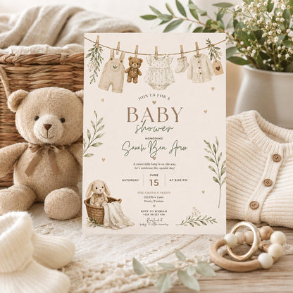 Editable Honey Bear Baby Shower Invitation Canva Template, Green Beige Boho Kids Bear Cute Fun DIY Party Invite, Printable Digital Download.