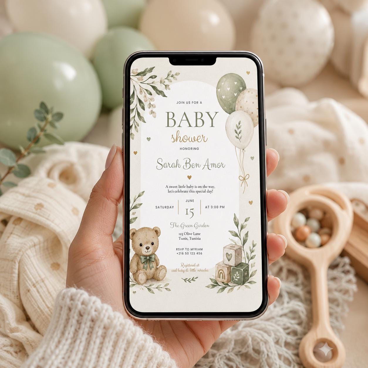 Editable Honey Bear Baby Shower Invitation Canva Template, Green Beige Boho Kids Bear Cute Fun DIY Party Invite, Printable Digital Download.