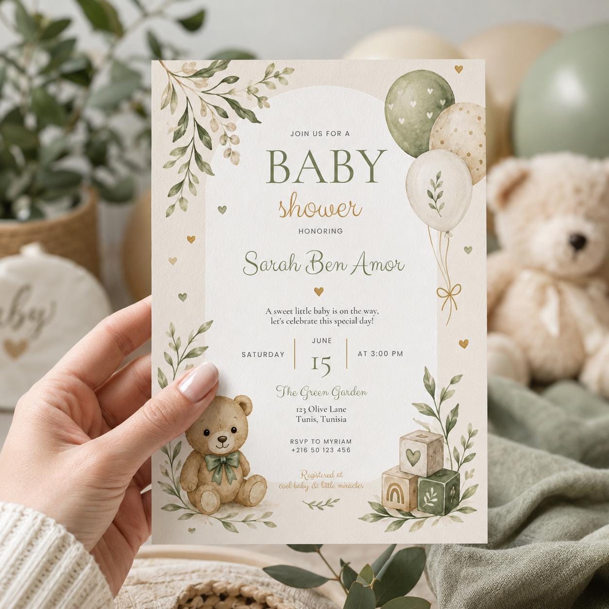 Editable Honey Bear Baby Shower Invitation Canva Template, Green Beige Boho Kids Bear Cute Fun DIY Party Invite, Printable Digital Download.