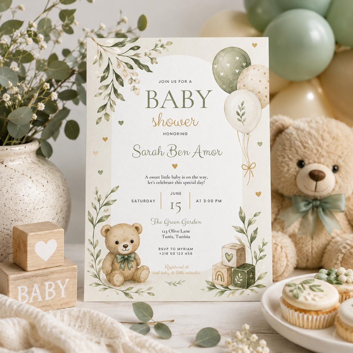 Editable Honey Bear Baby Shower Invitation Canva Template, Green Beige Boho Kids Bear Cute Fun DIY Party Invite, Printable Digital Download.