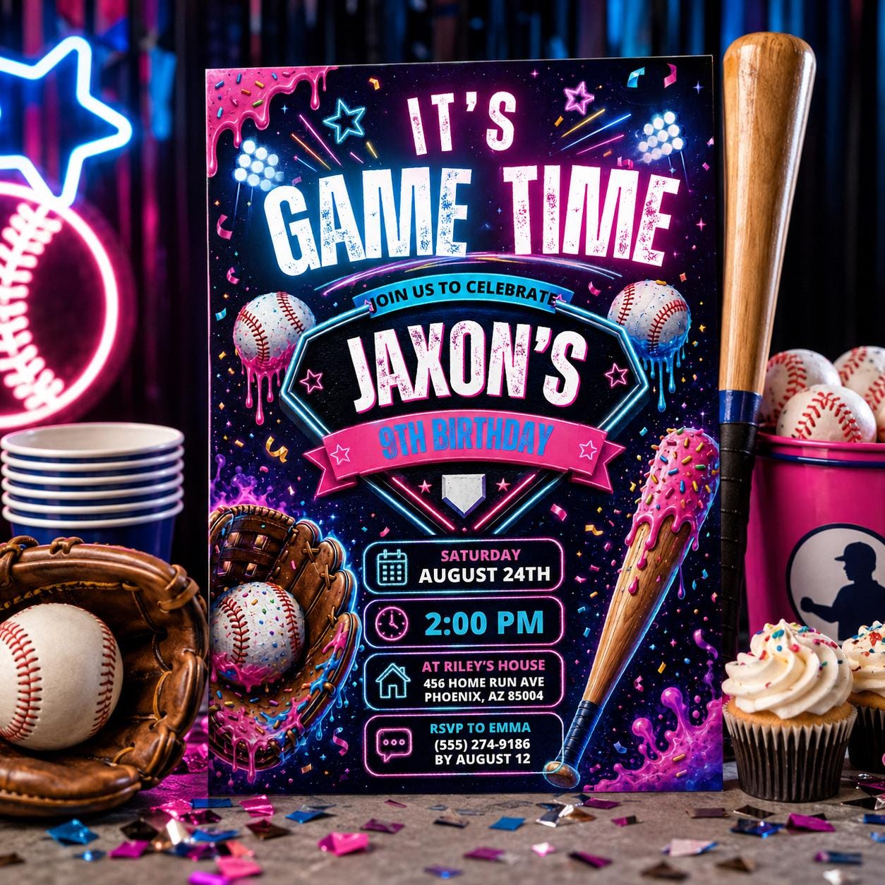 Editable Baseball Drip Birthday Invitation Canva Template, Cream Boys Teens Cute Fun DIY Chic Kids Party Invite, Printable Digital Download.