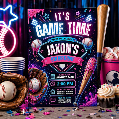 Editable Baseball Drip Birthday Invitation Canva Template, Cream Boys Teens Cute Fun DIY Chic Kids Party Invite, Printable Digital Download.