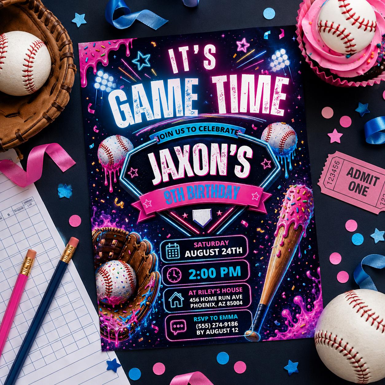 Editable Baseball Drip Birthday Invitation Canva Template, Cream Boys Teens Cute Fun DIY Chic Kids Party Invite, Printable Digital Download.
