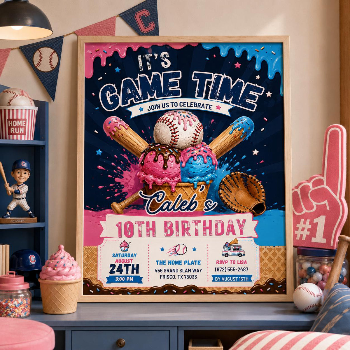 Editable Baseball Drip Birthday Invitation Canva Template, Cream Boys Teens Cute Fun DIY Chic Kids Party Invite, Printable Digital Download.