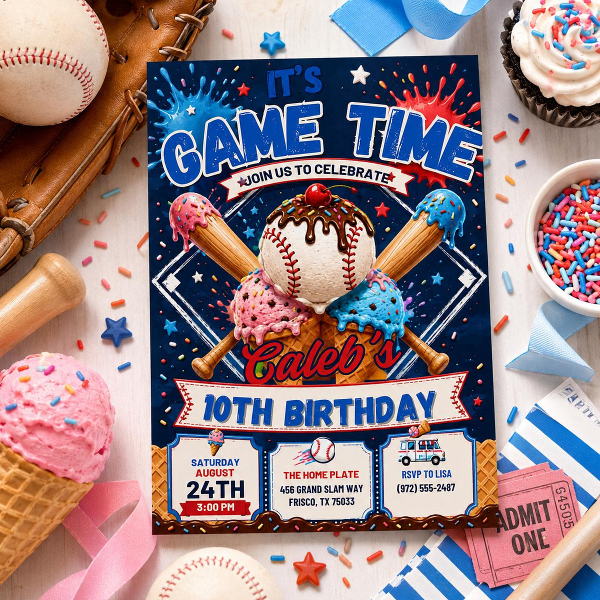 Editable Baseball Drip Birthday Invitation Canva Template, Sports All Star Boy Party Invite with Ice Cream Style, Printable Digital Download