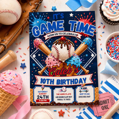 Editable Baseball Drip Birthday Invitation Canva Template, Sports All Star Boy Party Invite with Ice Cream Style, Printable Digital Download