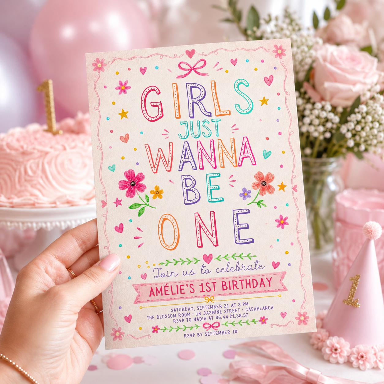 Editable Just Wanna Be One Birthday Invitation Canva Template, Pink Modern Girls Kids Cute Fun DIY Party Invite, Printable Digital Download.