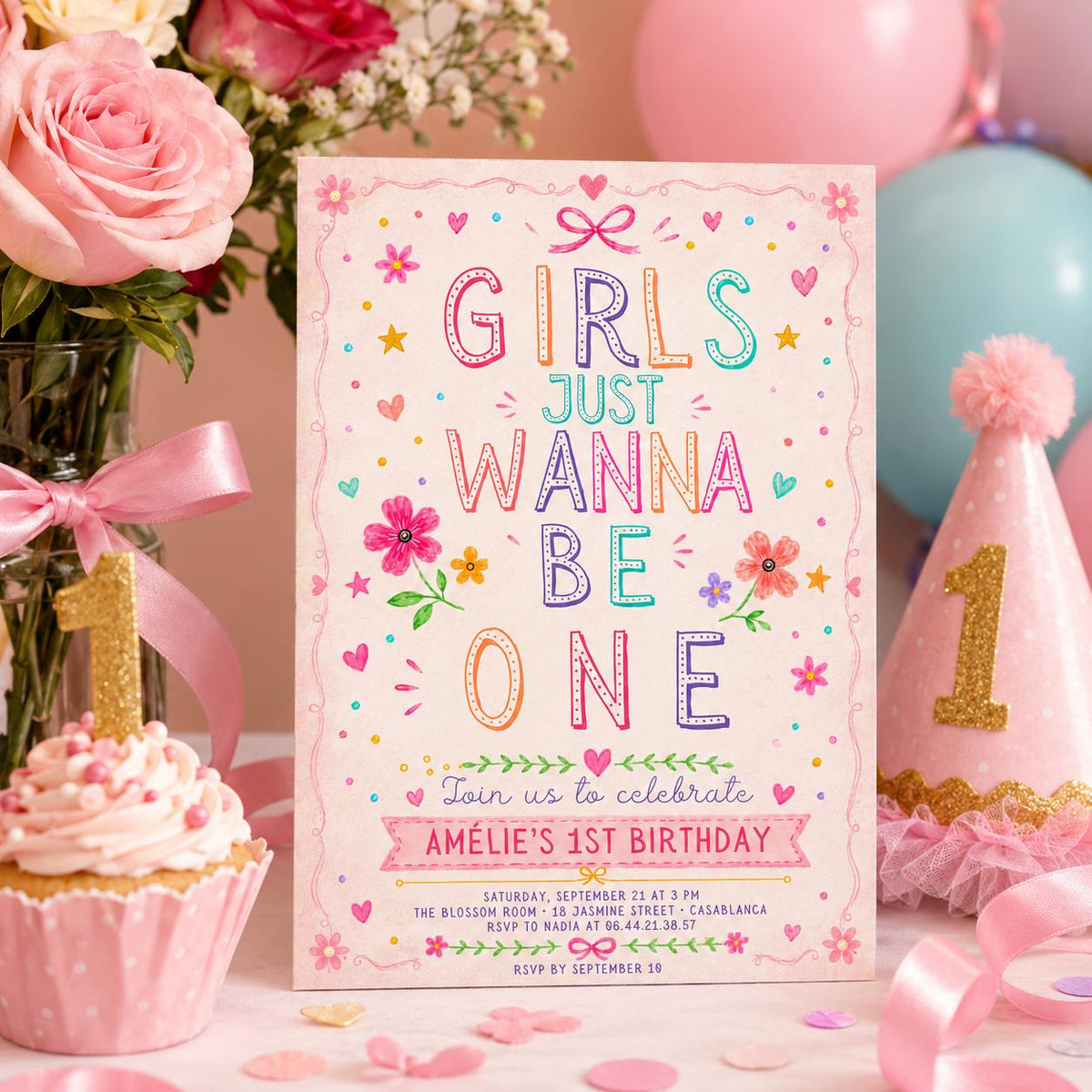 Editable Just Wanna Be One Birthday Invitation Canva Template, Pink Modern Girls Kids Cute Fun DIY Party Invite, Printable Digital Download.