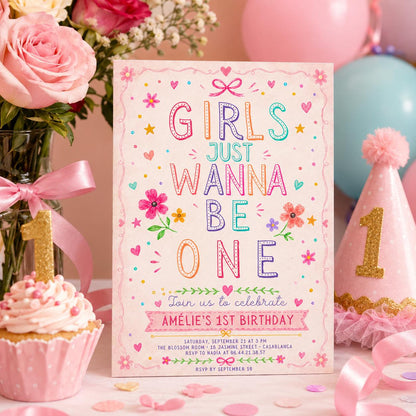 Editable Just Wanna Be One Birthday Invitation Canva Template, Pink Modern Girls Kids Cute Fun DIY Party Invite, Printable Digital Download.