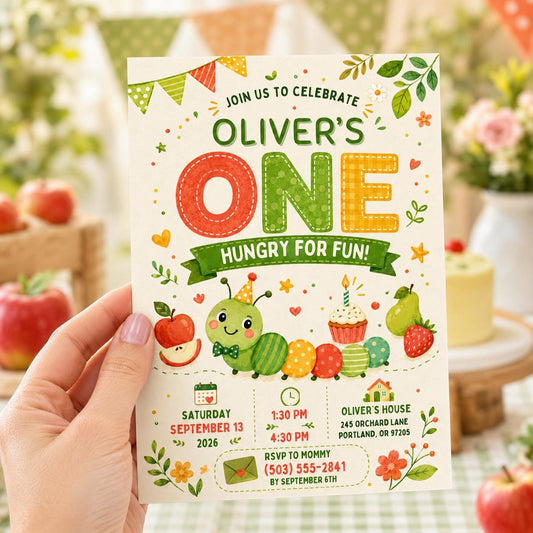 Editable Hungry Caterpillar Birthday Invitation Canva Template, Floral Kids Cute Fun DIY Chic Teen Party Invite, Printable Digital Download.