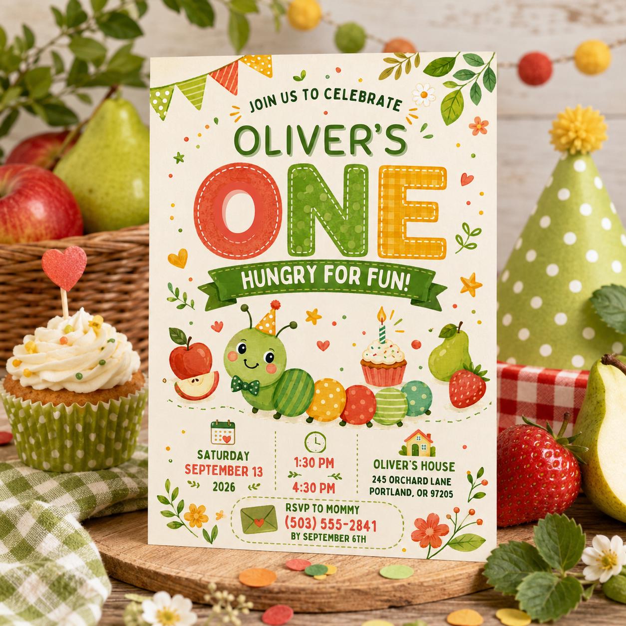 Editable Hungry Caterpillar Birthday Invitation Canva Template, Floral Kids Cute Fun DIY Chic Teen Party Invite, Printable Digital Download.