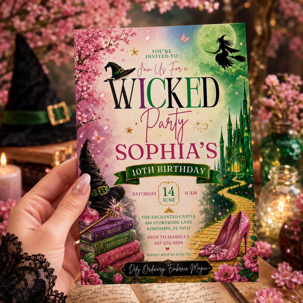 Editable Witch Magic Birthday Invitation Canva Template, Pink Green Girls Teens Witch Cute Fun DIY Party Invite, Printable Digital Download.