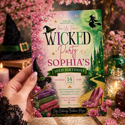 Editable Witch Magic Birthday Invitation Canva Template, Pink Green Girls Teens Witch Cute Fun DIY Party Invite, Printable Digital Download.