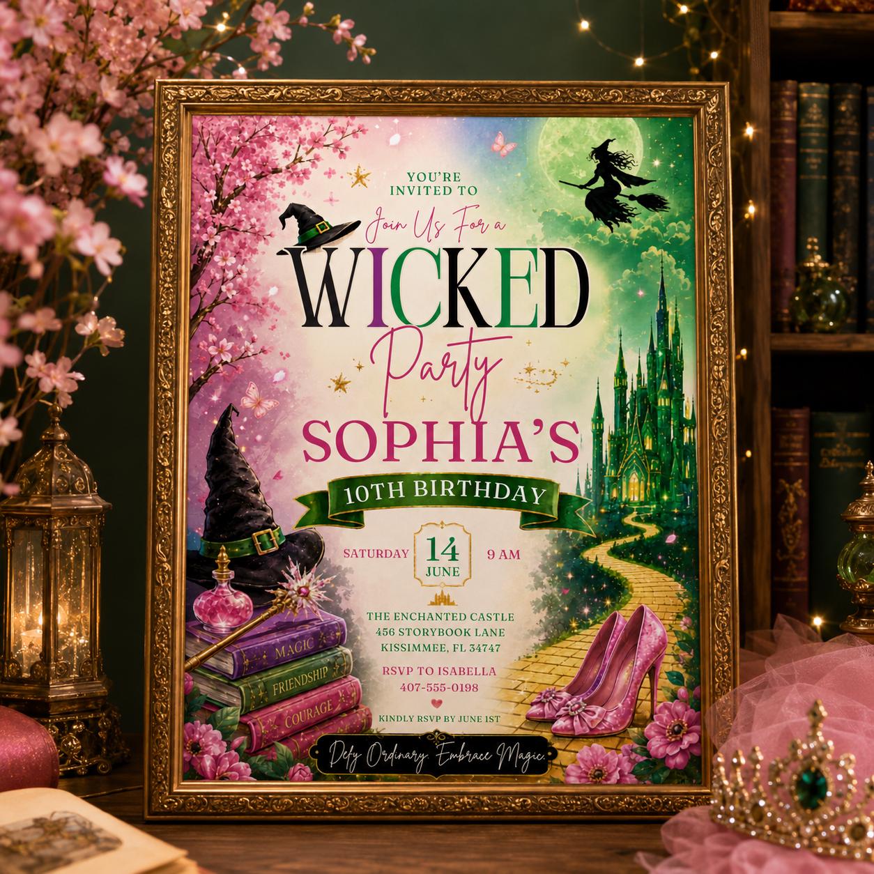 Editable Witch Magic Birthday Invitation Canva Template, Pink Green Girls Teens Witch Cute Fun DIY Party Invite, Printable Digital Download.