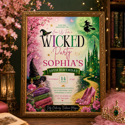 Editable Witch Magic Birthday Invitation Canva Template, Pink Green Girls Teens Witch Cute Fun DIY Party Invite, Printable Digital Download.