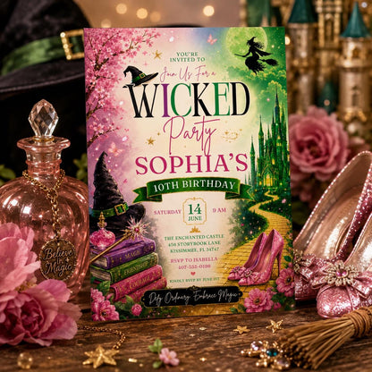 Editable Witch Magic Birthday Invitation Canva Template, Pink Green Girls Teens Witch Cute Fun DIY Party Invite, Printable Digital Download.