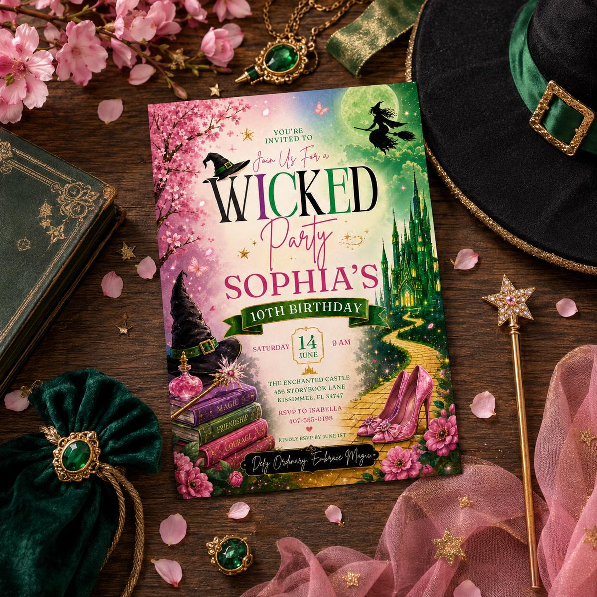 Editable Witch Magic Birthday Invitation Canva Template, Pink Green Girls Teens Witch Cute Fun DIY Party Invite, Printable Digital Download.