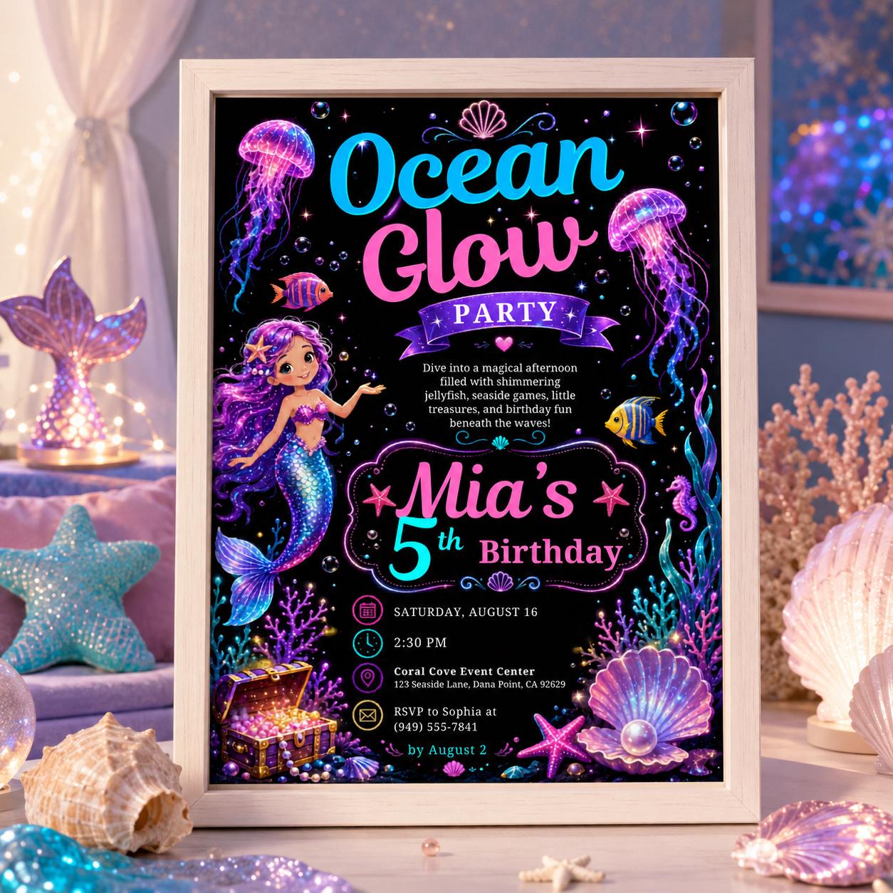 Editable Neon Glow Birthday Invitation Canva Template, Neon Cute Modern Fun Themed Custom DIY Chic Party Invite, Printable Digital Download.