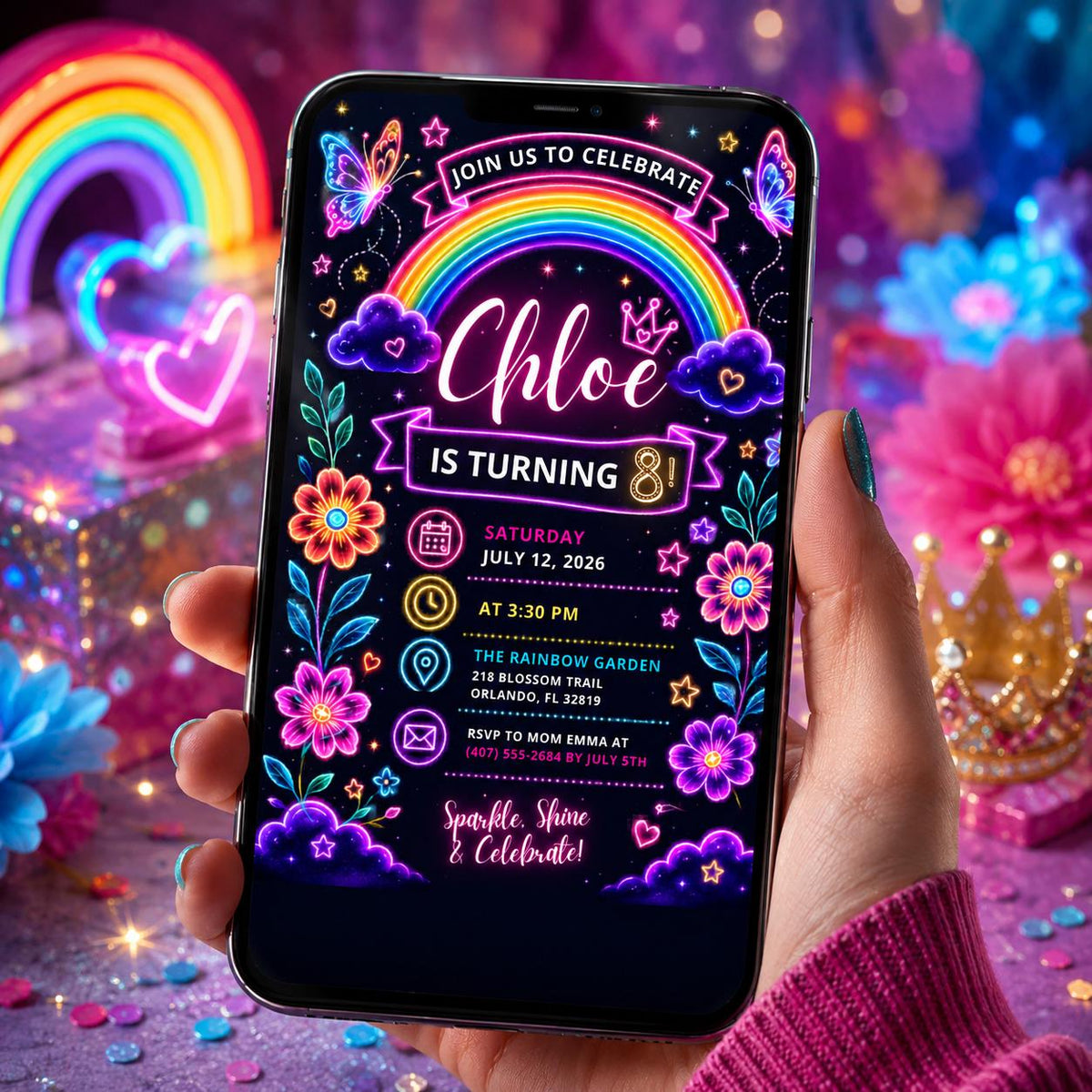 Editable Rainbow Birthday Invitation Canva Template, Pink Purple Girls Kids Cute Fun DIY Chic Teen Party Invite, Printable Digital Download.