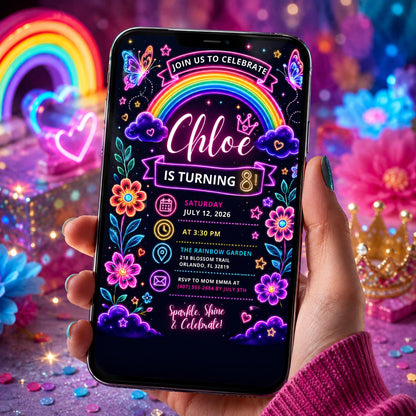 Editable Rainbow Birthday Invitation Canva Template, Pink Purple Girls Kids Cute Fun DIY Chic Teen Party Invite, Printable Digital Download.